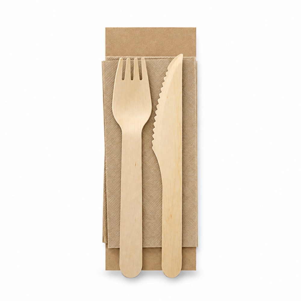 Wooden Knife, Fork and Napkin pack